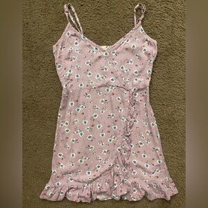 Ivy + Main Medium Purple Floral Faux Wrap Style Ruffled Spaghetti Strap Dress